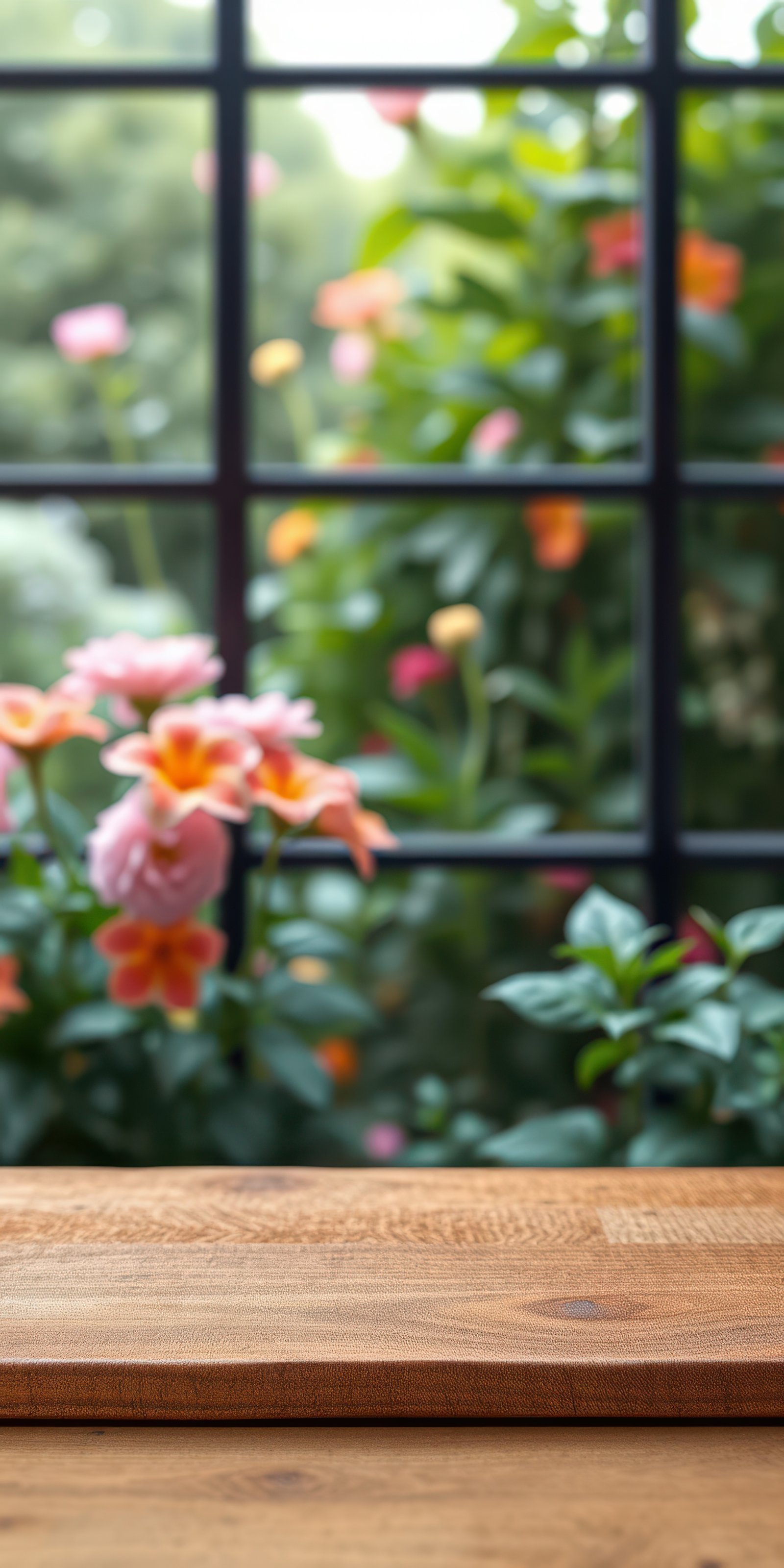 Peaceful indoor setting with vibrant flowers and natural light streaming through windows
